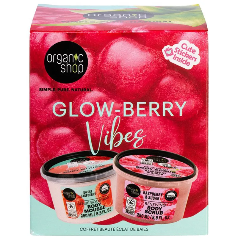 Organic Shop Promo Glow-Berry Vibes Raspberry & Sugar Renewing Body Scrub 250ml & Sweet Raspberry Sense Boosting Body Mousse 250ml