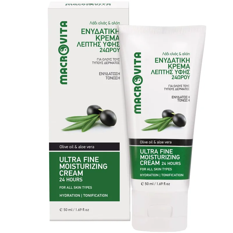 Macrovita Ultra Fine 24h Moisturizing With Olive Oil & Aloe Vera Face Cream Ενυδατική Κρέμα Προσώπου Λεπτής Υφής με Λάδι Ελιάς & Αλόη για Όλους τους Τύπους Δέρματος 50ml