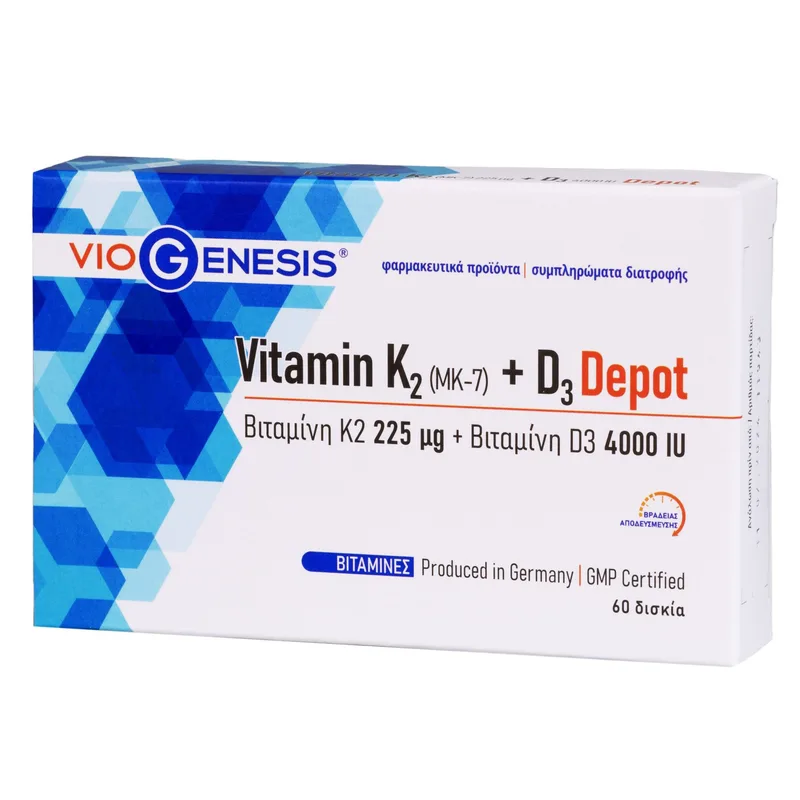 Viogenesis Vitamin K2 MK-7 & D3 Depot 225 μg 4000 IU Συμπλήρωμα Διατροφής με Βιταμίνη Κ2 & Βιταμίνη D3 60tabs