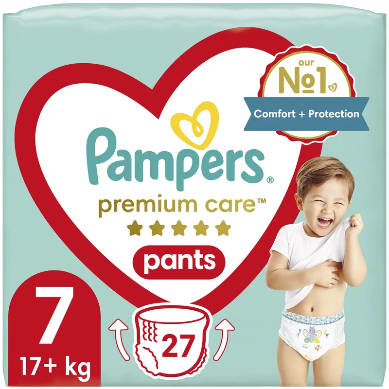Pampers Premium Care Pants Jumbo Pack No7 (17+Kg) Πάνες-Βρακάκι με Σχεδιασμό που Εμποδίζει τις Διαρροές 27 Πάνες