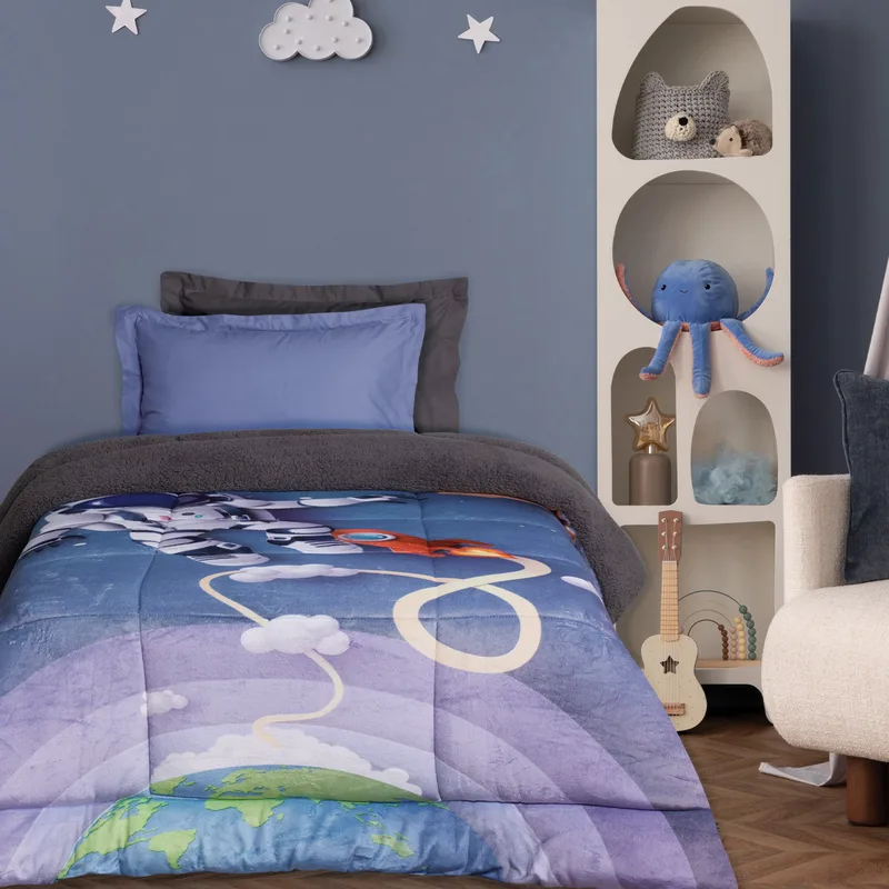 Παιδικό Κουβερτοπάπλωμα με Γούνα Sherpa Μονό Das Home 4975 Blue-Grey 160x220