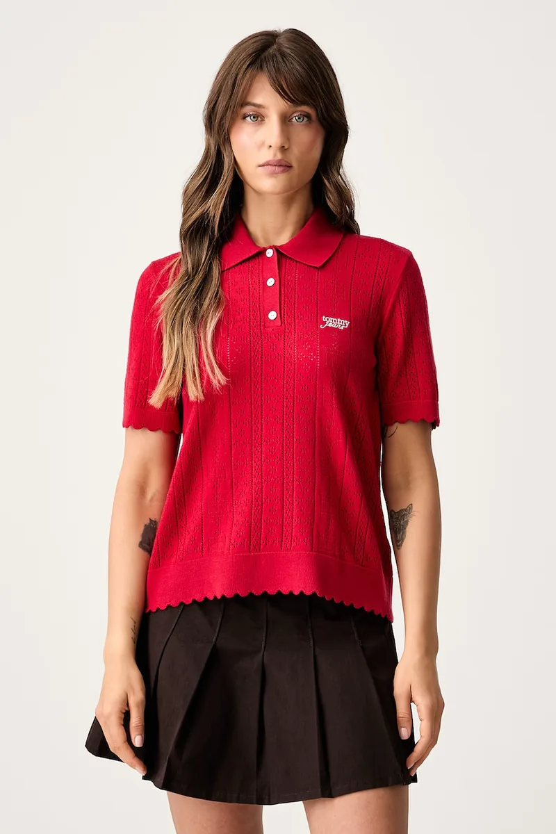 Tommy Jeans πλεκτό μπλουζάκι πόλο γυναικείο με βισκόζη