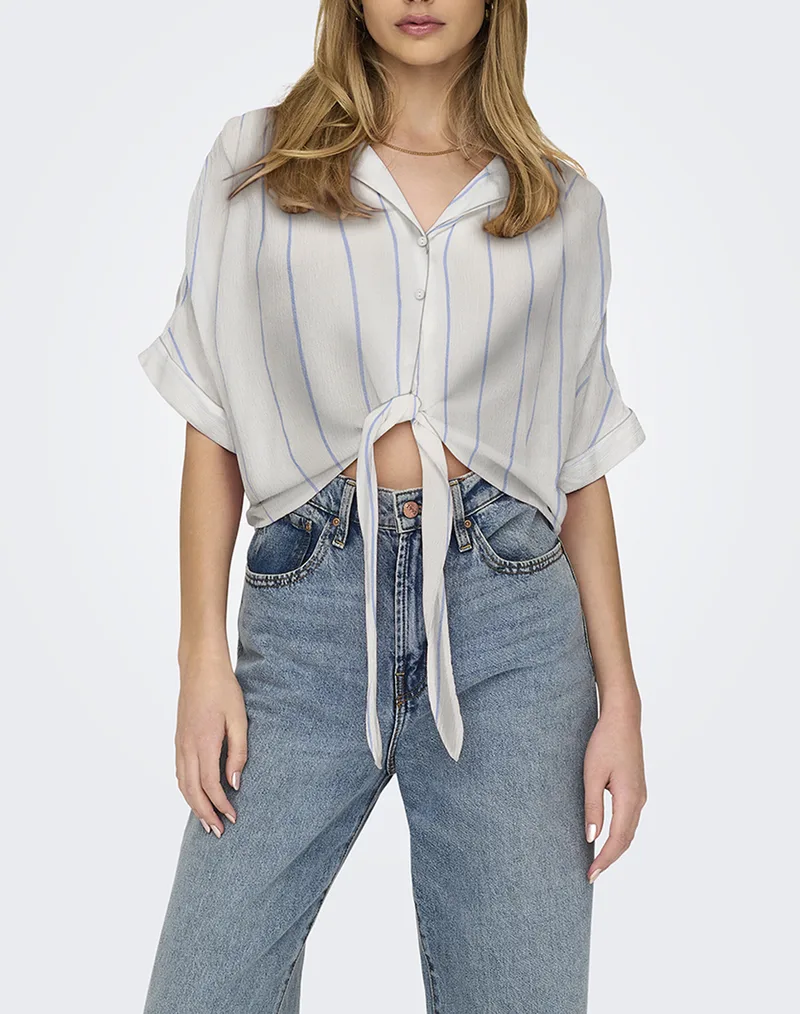 ONLY ONLPAULA LIFE S/S TIE SHIRT WVN NOOS 15281497-Cloud DancerWIDE BLUE BONNET STRIPE Ecru