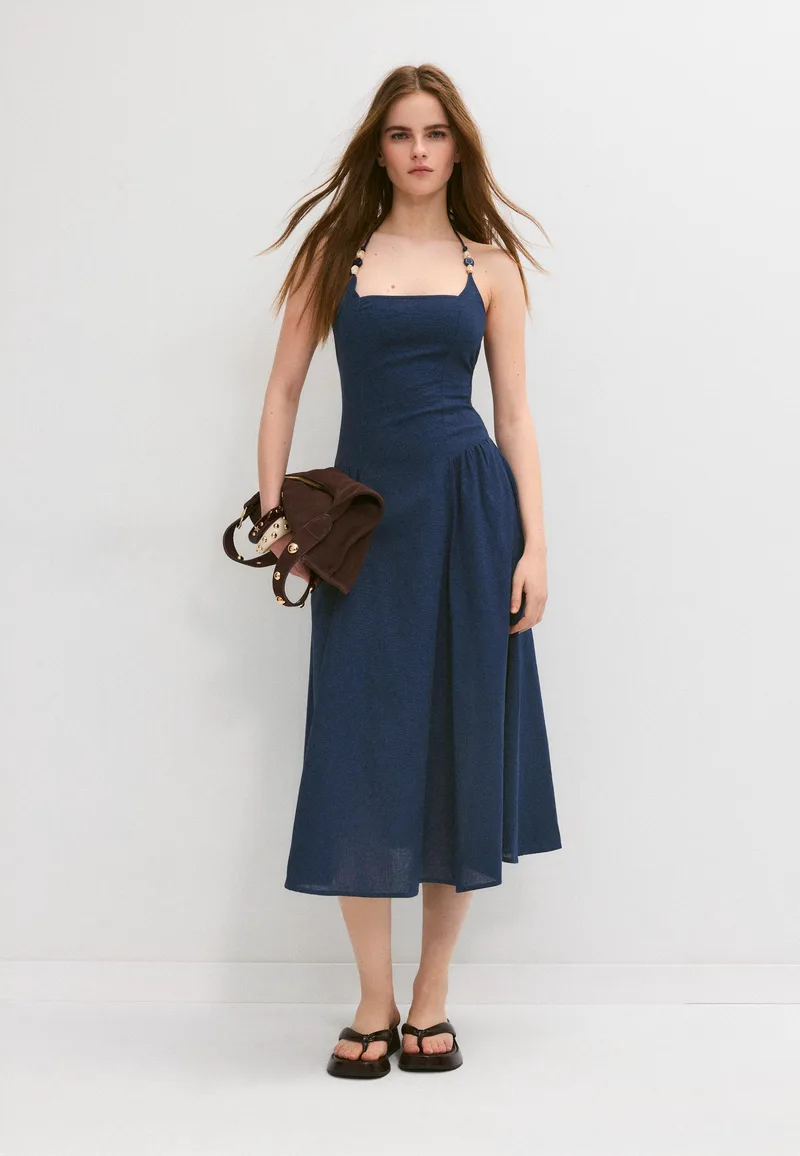 Stradivarius Μίντι Φόρεμα Halter Με Λεπτομέρεια Από Χάντρες Navy Blue Xl
