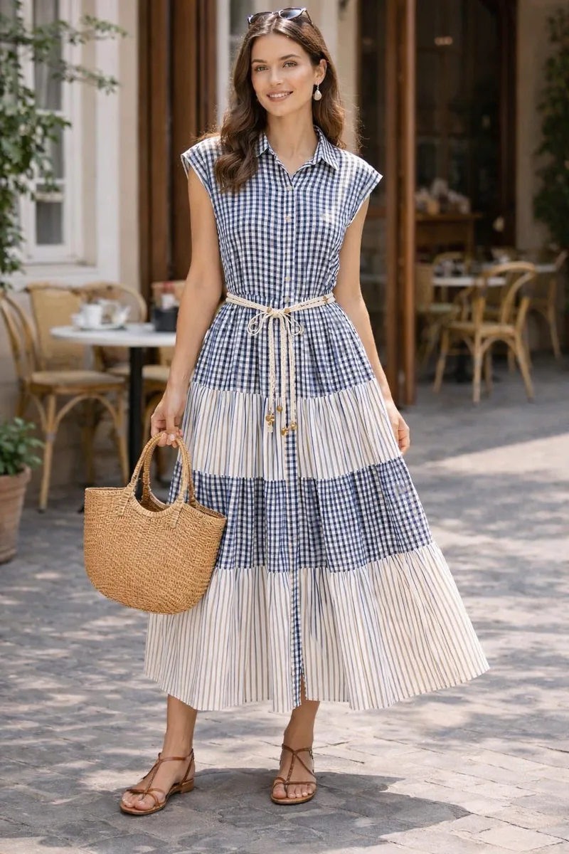 Midi Φόρεμα Καρό Με Ζώνη Και Βολάν | Dress Up Μπλε