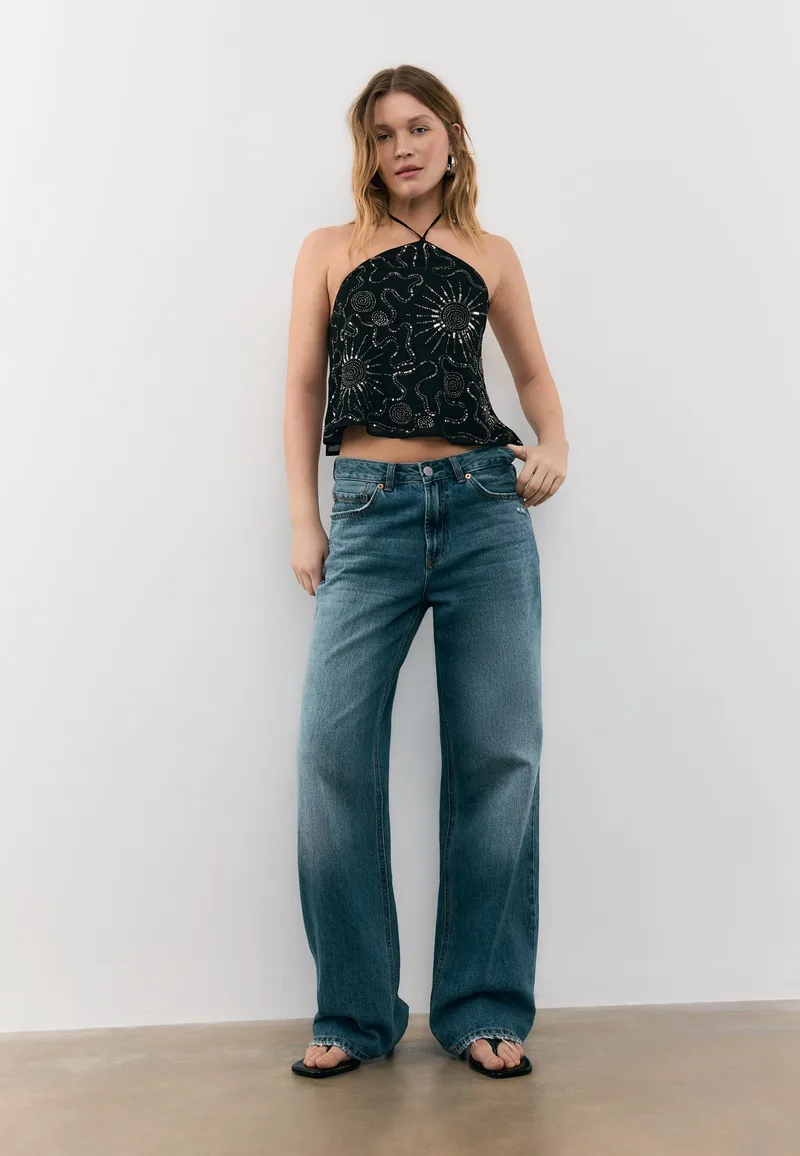 Stradivarius Τοπ Halter Με Κεντήματα Μαύρο L
