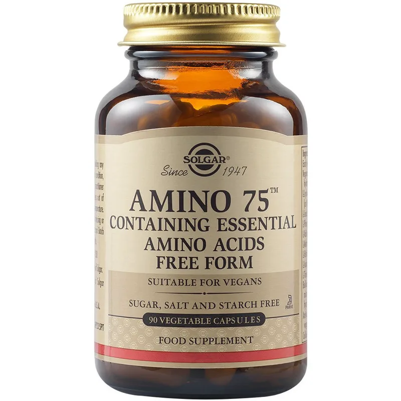 Solgar Amino 75 Essential Amino Acids Συμπλήρωμα Διατροφής του Συνόλου των Βασικών Αμινοξέων για τη Διατήρηση της Μυϊκής Μάζας 90veg.caps