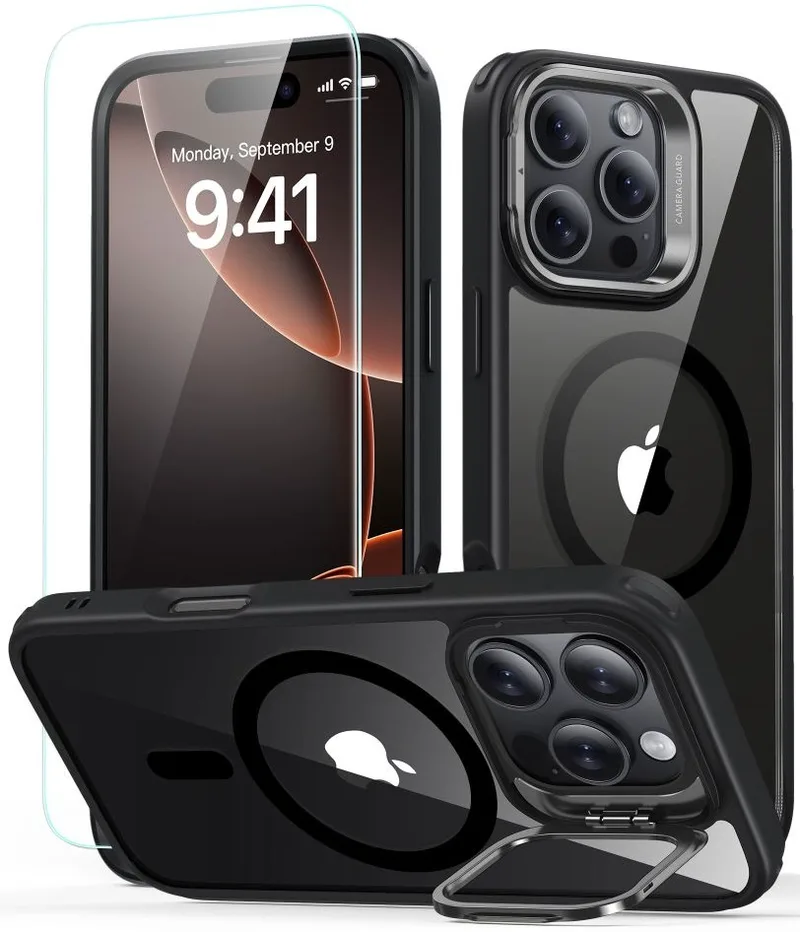 Θήκη & Αντιχαρακτικό Γυαλί Προστασίας Apple iPhone 16 Pro Max - ESR Classic Hybrid HaloLock with Stash Stand Σετ Ανθεκτική MagSafe & Tempered Glass Οθόνης με KickStand - Clear / Black (4894240243763)
