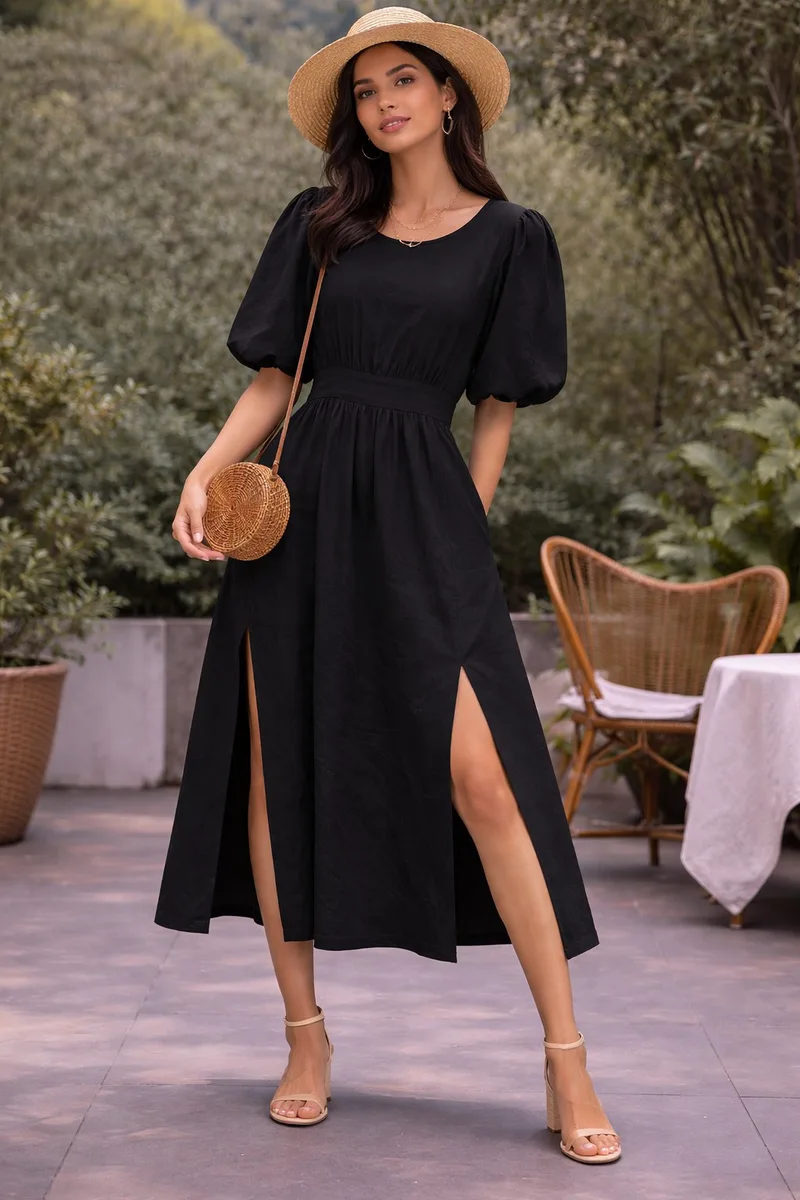 Midi Φόρεμα Με Σκίσιμο Και Balloon Μανίκια – Μαύρο | Dress Up Μαύρο