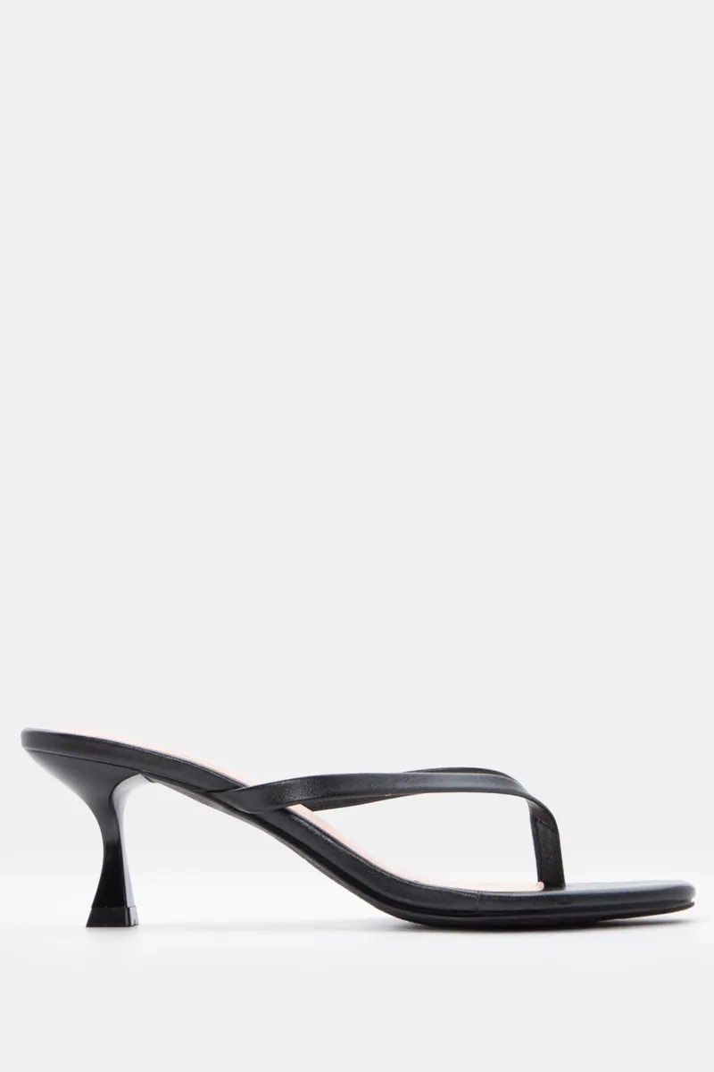 LUIGI DESIGN - Mules Kitten Heel Thong & Τετράγωνη Μύτη - Μαύρο