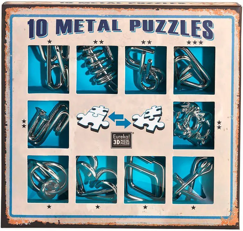 SET OF 10 METAL PUZZLES BLUE EUREKA