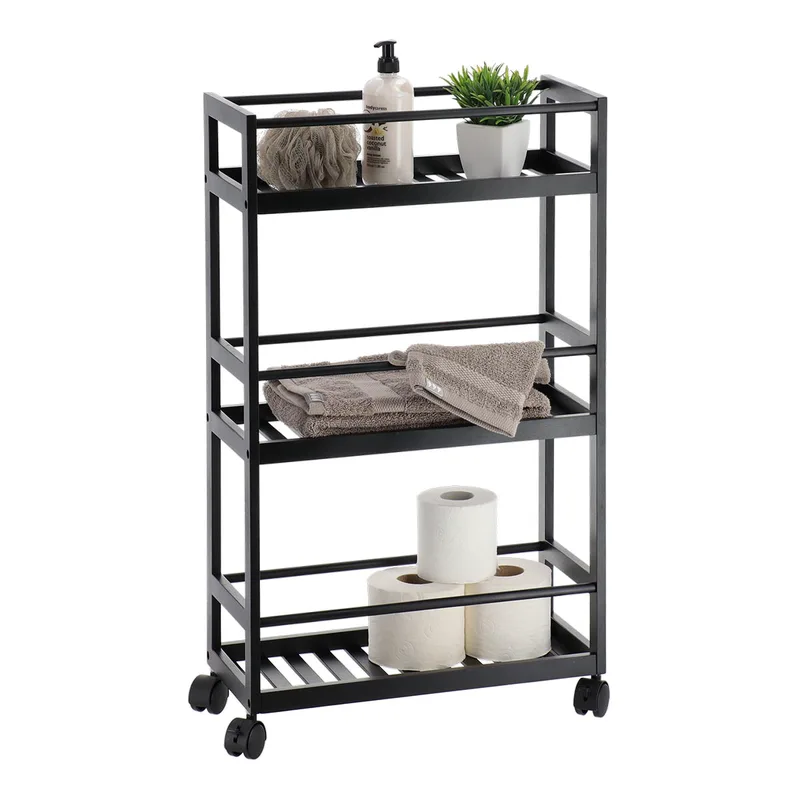 Ραφιέρα Μπάνιου Bamboo Μαύρη Με 3 Ράφια & Ροδάκια 20x44x75εκ. MRShome DS-1208000 (Υλικό: Bamboo, Χρώμα: Μαύρο) - sealskin - sl-DS-1208000
