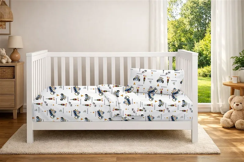 Σετ Σεντόνια Κούνιας 3 Τεμαχίων Dimcol Animal Grand Prix 589 120x160 White-Blue