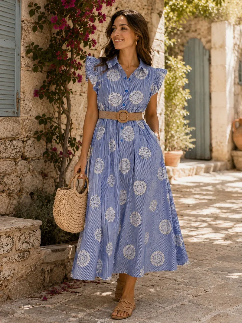Midi Ριγέ Φόρεμα με Κέντημα & Ζώνη – Μπλε | Dress Up Μπλε