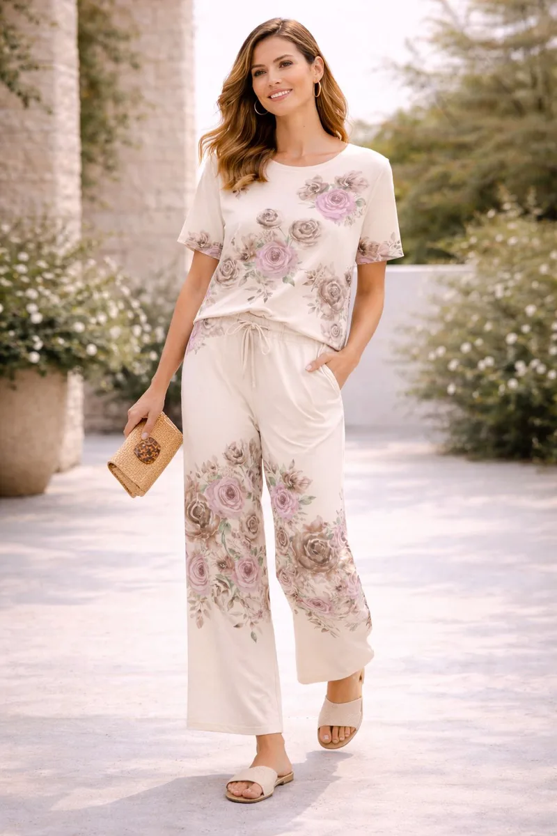 Σετ Μπλούζα Και Παντελόνα Floral Γυναικεία Σε Άσπρο Χρώμα Μπεζ