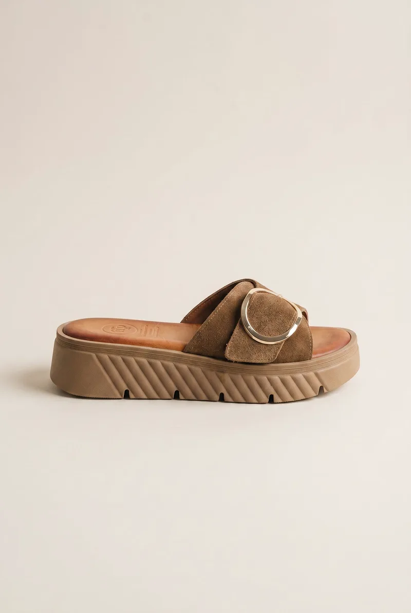 TFP Flatform Sandals Statement Buckle - 415 - Taupe Suede