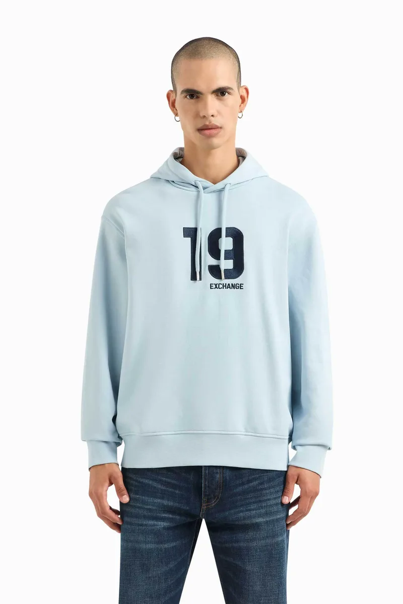 Armani Exchange ανδρική μπλούζα φούτερ με κουκούλα και print - 3DZMLJZJ4XZ Μπλε Ανοιχτό