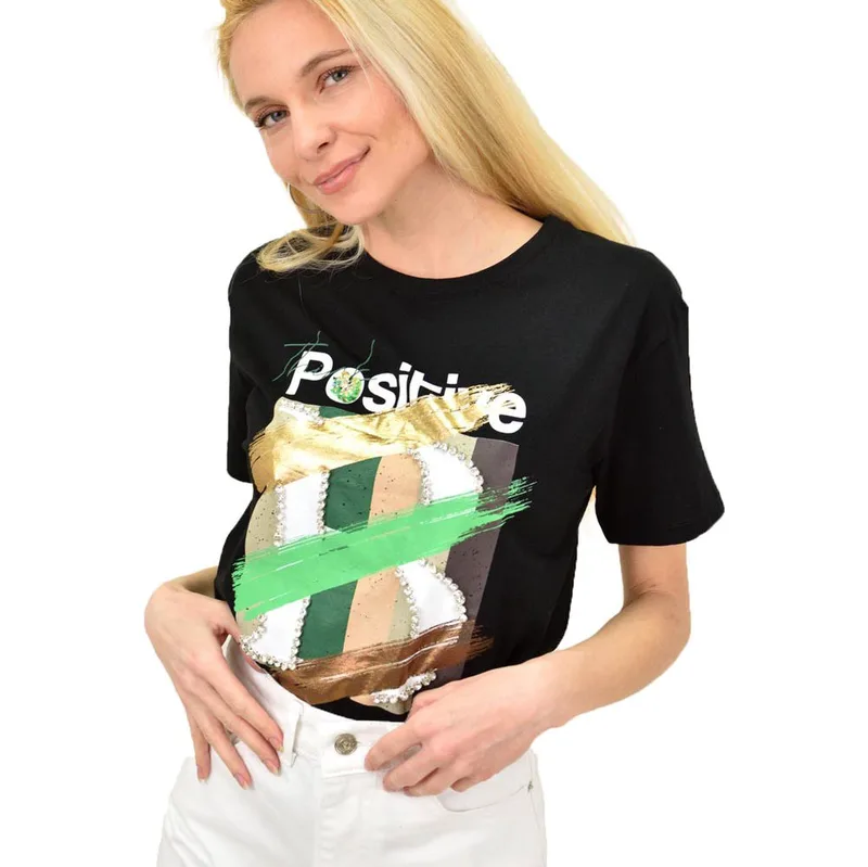 Γυναικείο T-shirt με τύπωμα και στρας Positive Μαύρο 14711