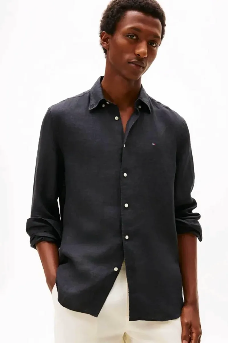 Tommy Hilfiger ανδρικό λινό πουκάμισο button down με κεντημένο logo flag Regular Fit - MW0MW41530 Μαύρο