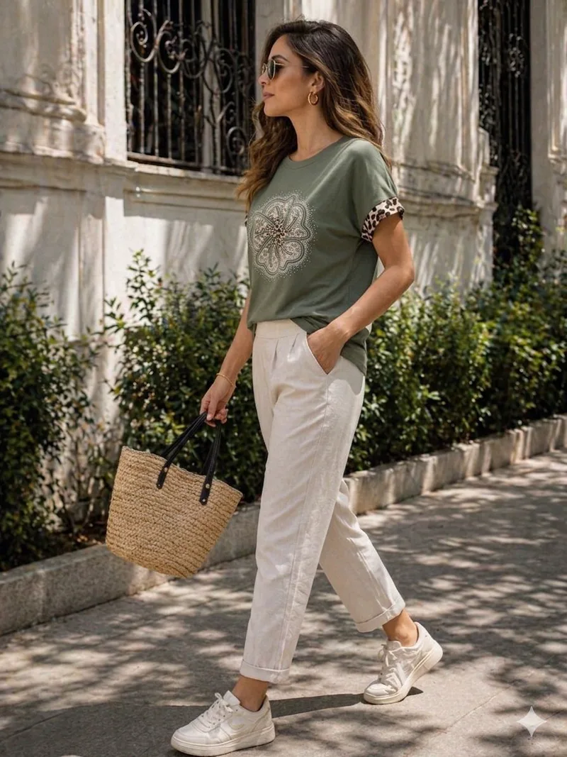 Floral Μπλούζα Με Στρογγυλή Λαιμόκοψη, Κεντήματα & Στρας Σε Άνετη Γραμμή - Χακί | Dress Up Χακί