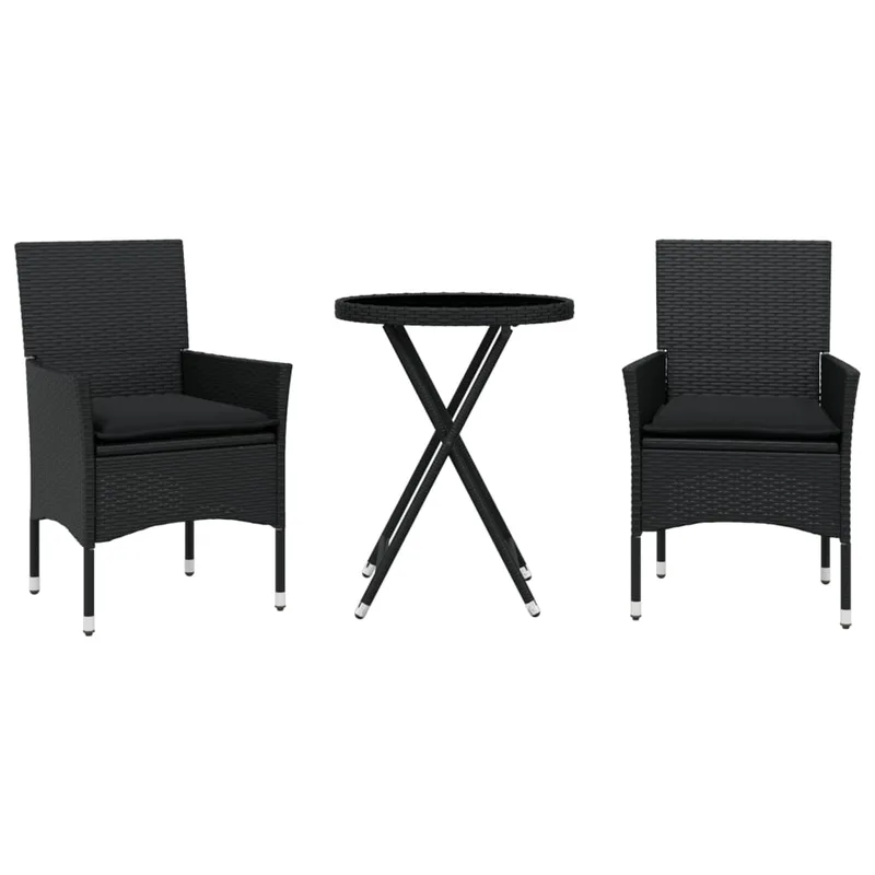 vidaXL Σετ Επίπλων Bistro 3 τεμ. Μαύρο Συνθ. Ρατάν/Γυαλί με Μαξιλάρια