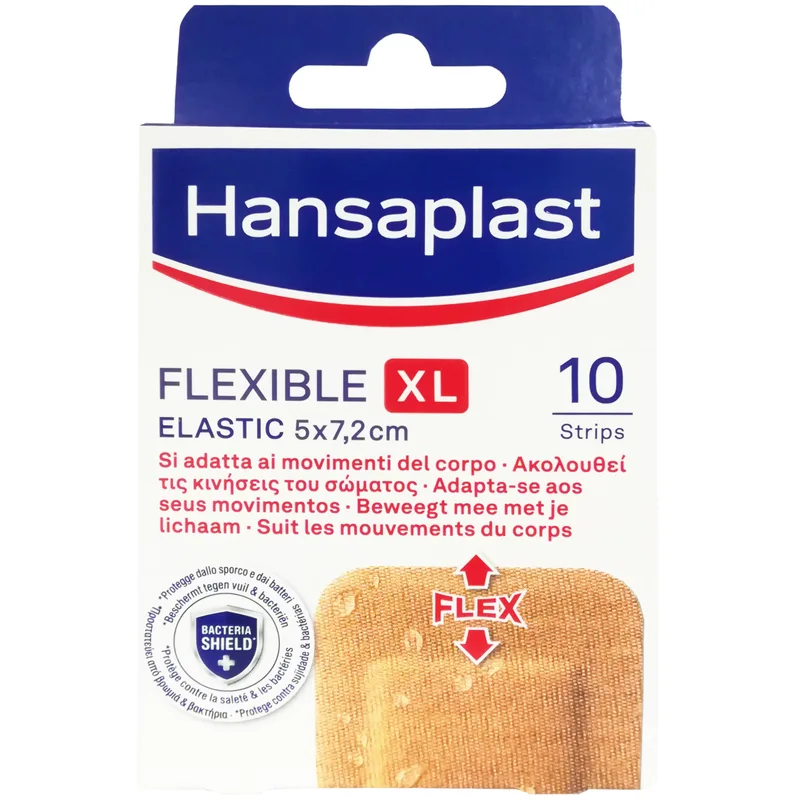 Hansaplast Flexible Strips XL Elastic 5x7,2cm Εύκαμπτα & Αδιάβροχα Επιθέματα που Καλύπτουν & Προστατεύουν Μεσαίου Μεγέθους Πληγές 10 Τεμάχια