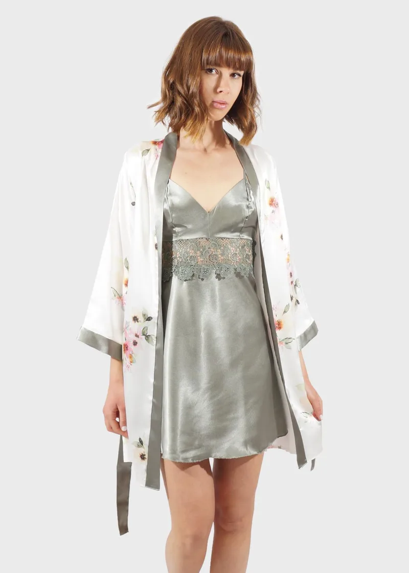 Γυναικείο σετ νυχτικό ρόμπα all print flower. Saten Collection ΧΑΚΙ
