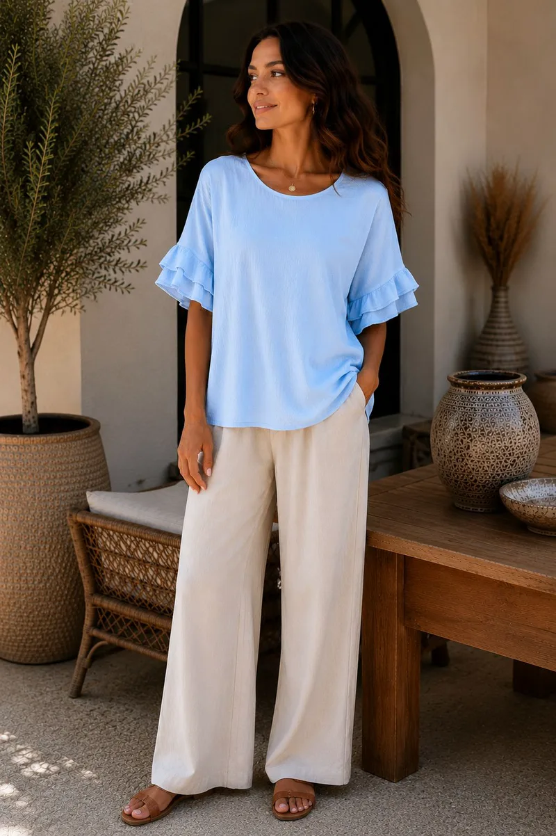 Oversized Γυναικεία Μπλούζα με Βολάν Μανίκια - Σιέλ | Dress Up Σιέλ