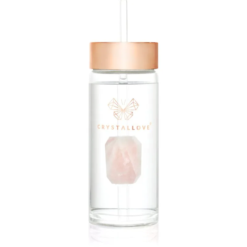 Crystallove Amethyst Straw Water Bottle γυάλινο μπουκάλι νερού με καλαμάκι Rose 400 ml