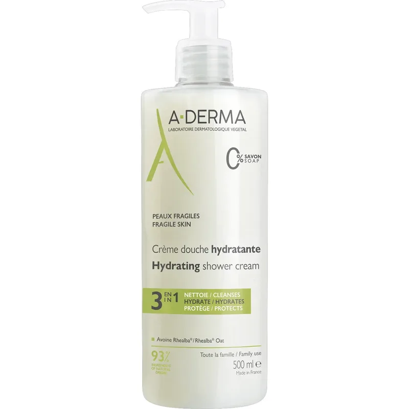 A-Derma Hydrating Shower Cream Ενυδατικό Κρεμώδες Καθαριστικό για το Λεπτό, Εύθραυστο Δέρμα Προσώπου Σώματος & Μαλλιών, με Αντλία 500ml