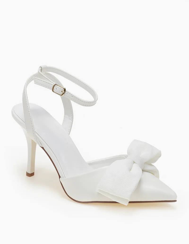 Slingback γόβες με λουράκι και διακοσμητικό φιόγκο - Λευκό