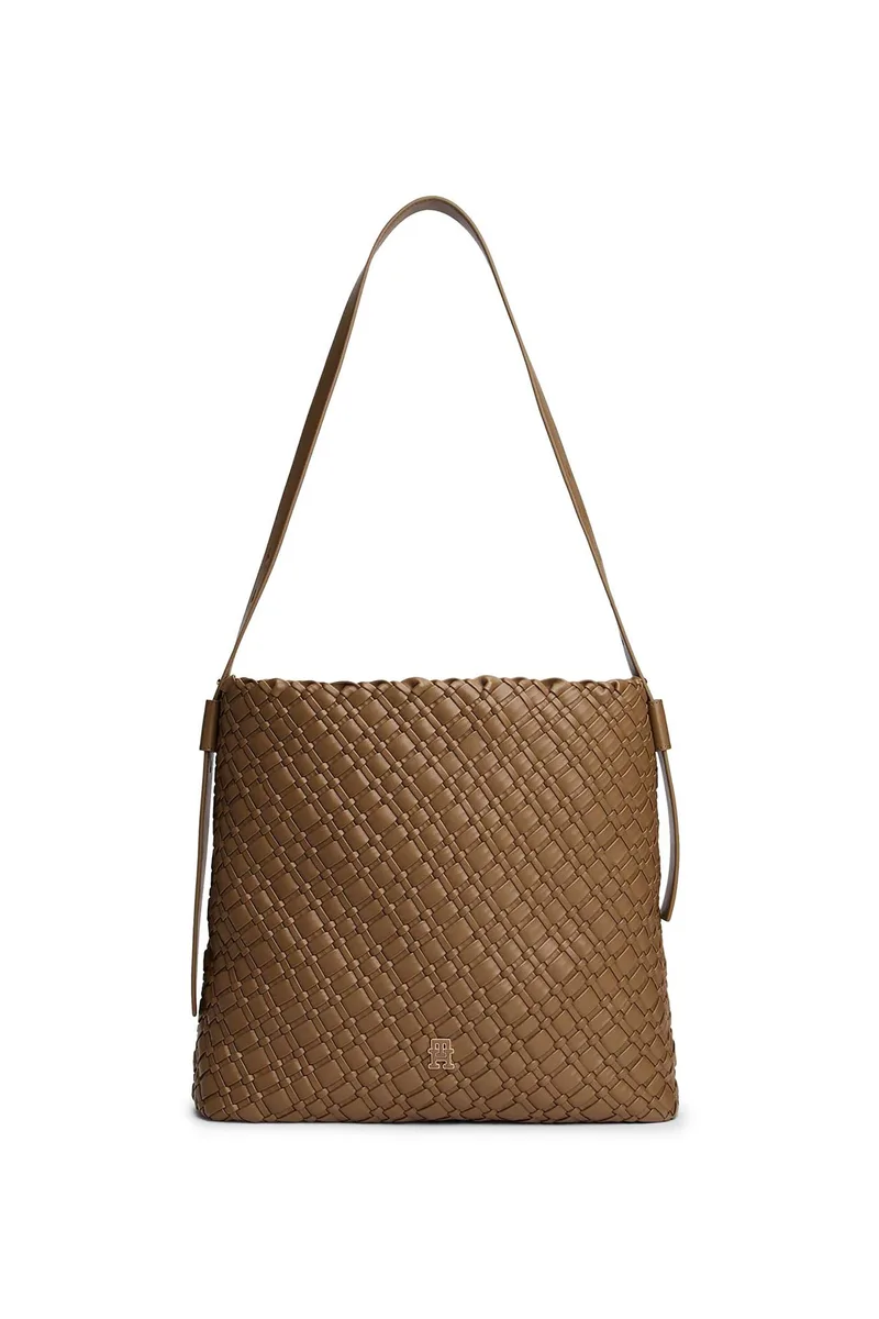 Tommy Hilfiger γυναικεία τσάντα ώμου hobo με μεταλλικό monogram "TH Braided" - AW0AW18161 Καφέ