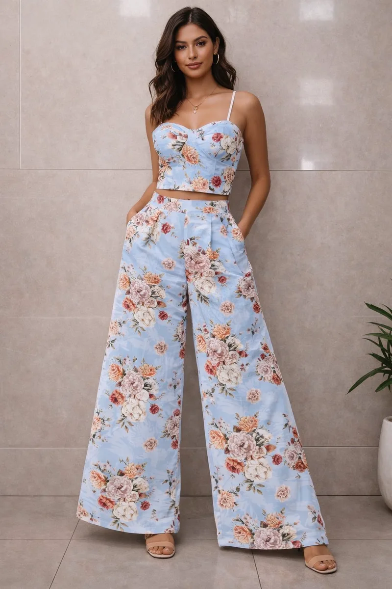 Σιέλ Floral Σετ Crop Top Μπουστάκι Και Παντελόνα Με Άνετη Γραμμή | Dress Up Σιέλ