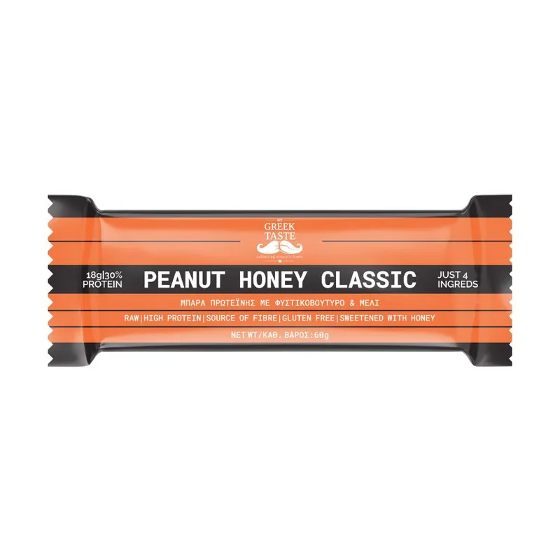 Peanut Honey Classic Premium Raw Μπάρα Πρωτεΐνης 30% Χωρίς Γλουτένη - myGreekTaste - 60gr Ελλάδα High Protein Source of Fibre Gluten Free Naturally Sweetened Palm Oil Free