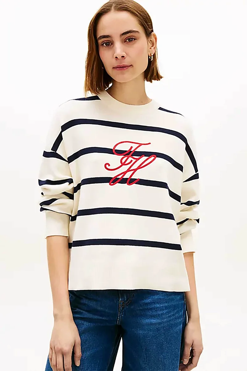 Tommy Hilfiger γυναικείο πουλόβερ με ριγέ σχέδιο και κεντημένο logo Relaxed Fit - WW0WW49768 Ασπρόμαυρο