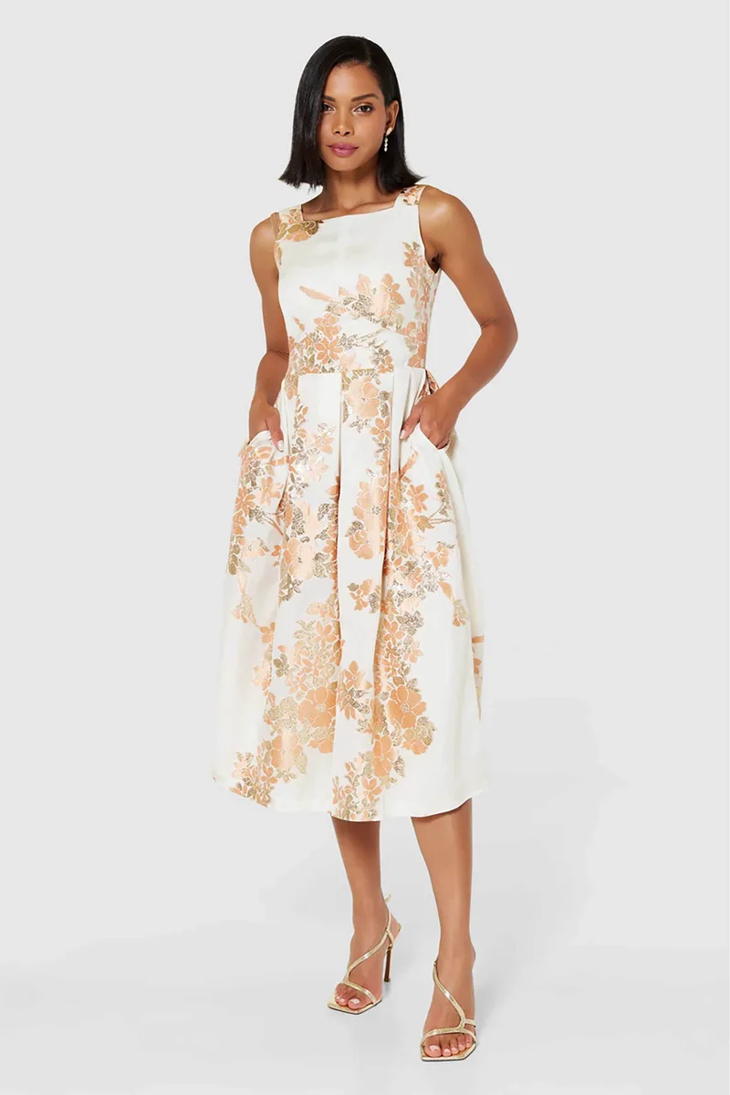 Closet London γυναικείο midi φόρεμα με floral print σε Α γραμμή - D9965 Εκρού