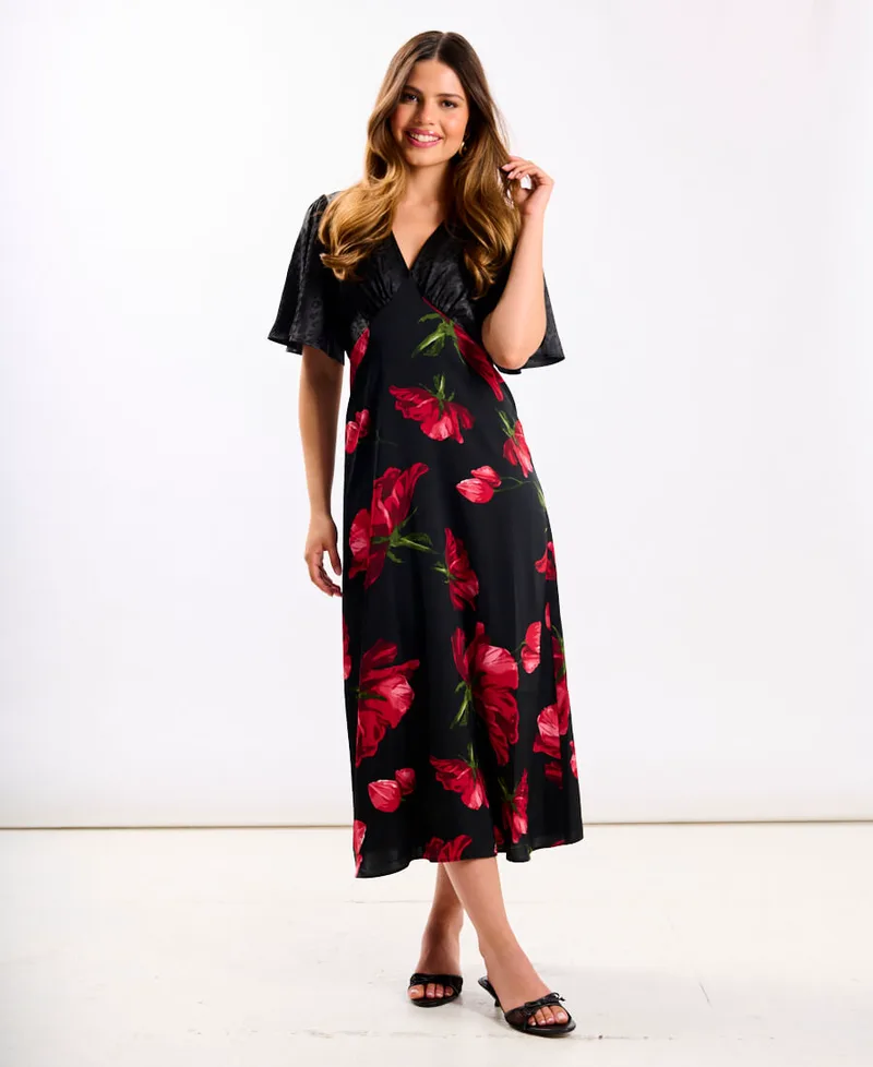 Red Floral Animal Mix Midi Dress | Size: 10
