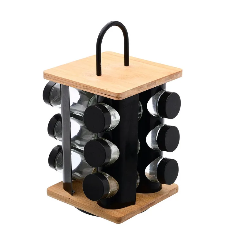 Estia Βάση Μπαχαρικών Bamboo Essentials Με 12 Γυάλινα Δοχεία Περιστρεφόμενη Μαύρη
