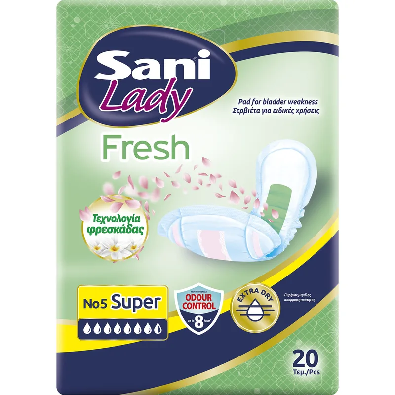 Sani Lady Fresh No5 Super 20 Τεμάχια Γυναικείες Σερβιέτες Νυκτός για Ελαφράς Μορφή Ακράτειας