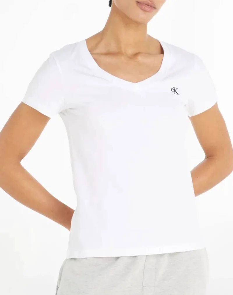 CALVIN KLEIN JEANS CK EMBROIDERY STRETCH V-NECK J20J213716-YAF White