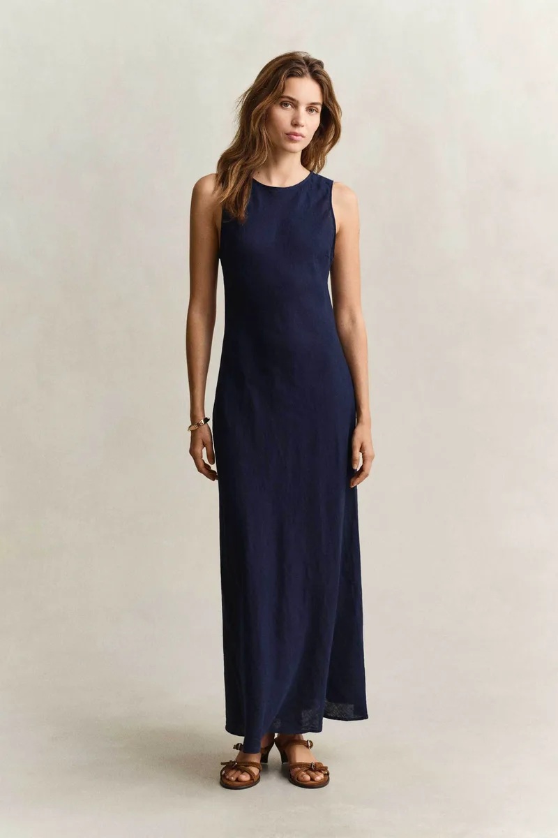 Gant γυναικείο λινό maxi φόρεμα αμάνικο Slim Fit - 4503525 Μπλε Σκούρο