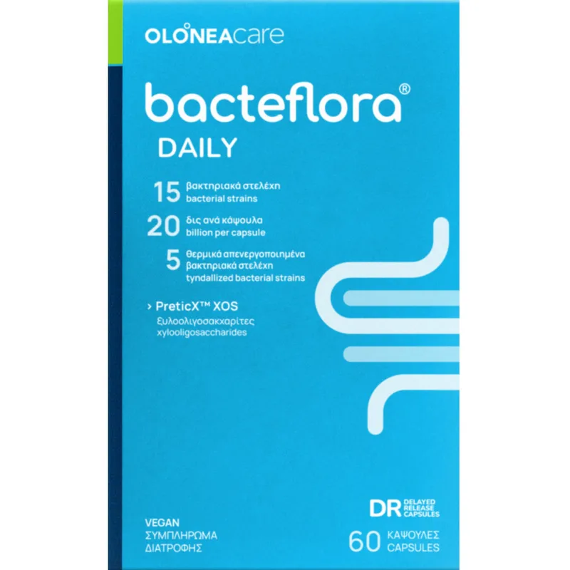 Olonea Bacteflora Daily Συμπλήρωμα Διατροφής Βραδείας Αποδέσμευσης με Προβιοτικά, Μεταβιοτικά & Ξυλο-ολιγοσακχαρίτες για την Ισορροπία του Εντερικού Μικροβιώματος & την Καλή Λειτουργία του Γαστρεντερικού Συστήματος 60caps