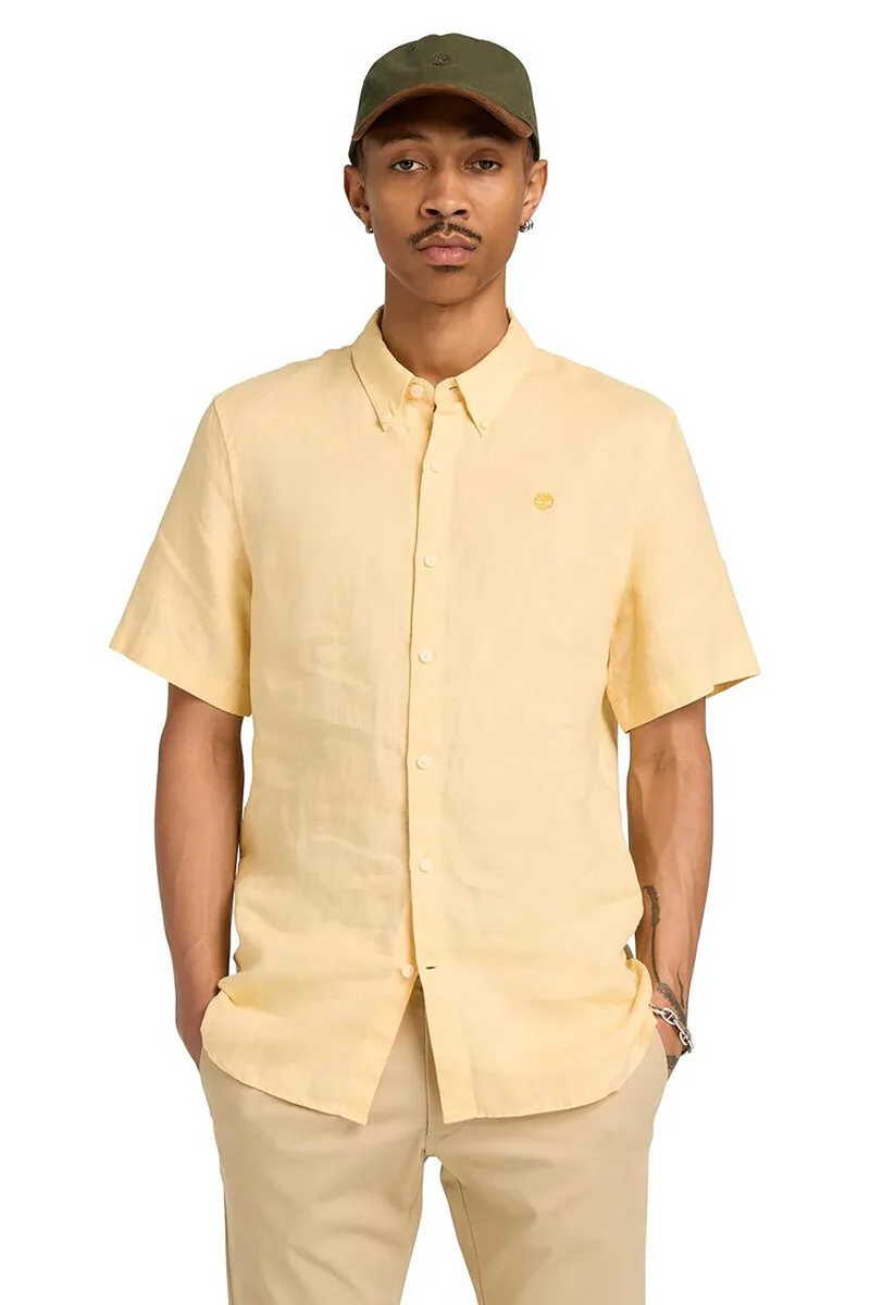 Timberland ανδρικό κοντομάνικο λινό πουκάμισο button down με κεντημένο tree logo Slim Fit "Mill Brook" - TB0A2DCCA7K1 Κίτρινο Ανοιχτό