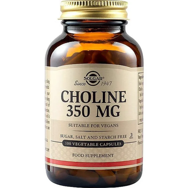 Solgar Choline 350mg Συμπλήρωμα Διατροφής Χολίνης για τη Βελτίωση της Ηπατικής Λειτουργίας & το Μεταβολισμό του Λίπους στο Συκώτι 100veg.caps