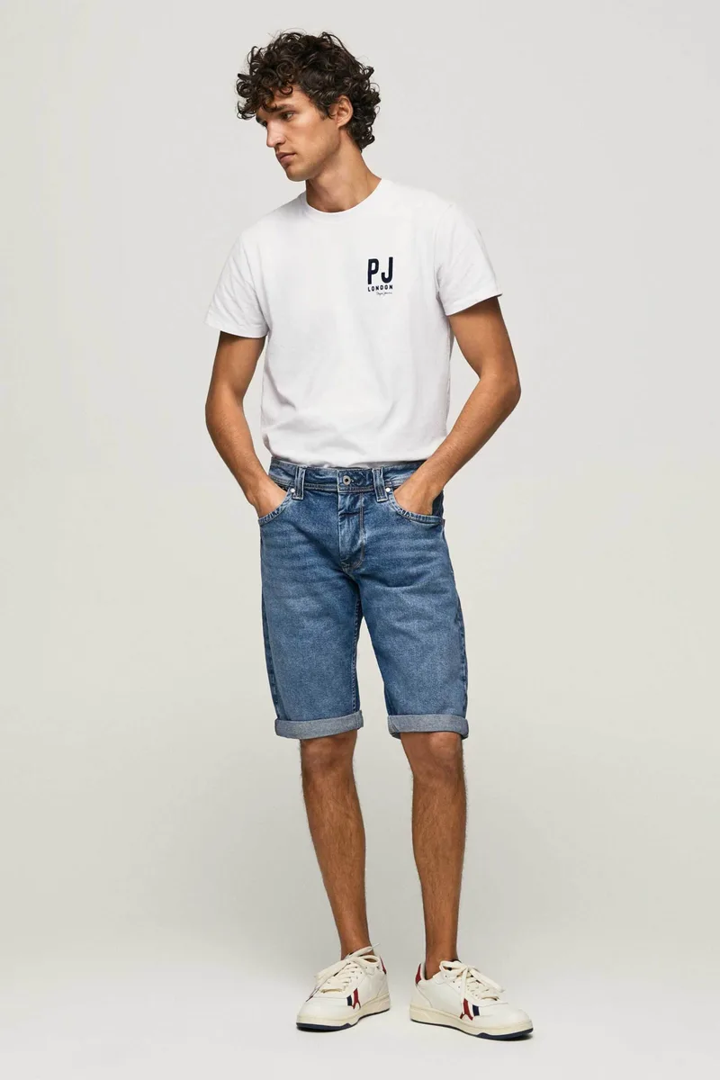 Pepe Jeans ανδρική denim βερμούδα πεντάτσεπη με ρεβέρ στο τελείωμα "Cash" - PM800935HR0 Denim Blue