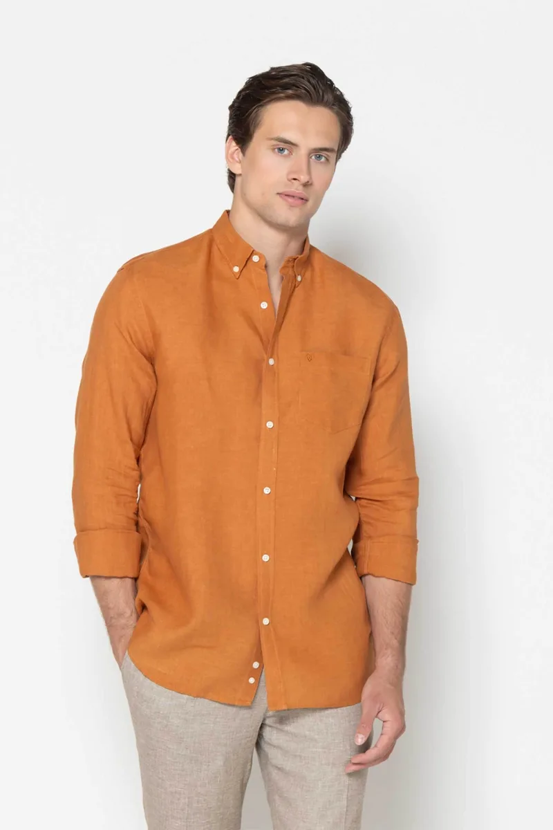 The Bostonians ανδρικό λινό πουκάμισο button down με τσέπη και κεντημένο λογότυπο Regular Fit - AAP2412 Πορτοκαλί