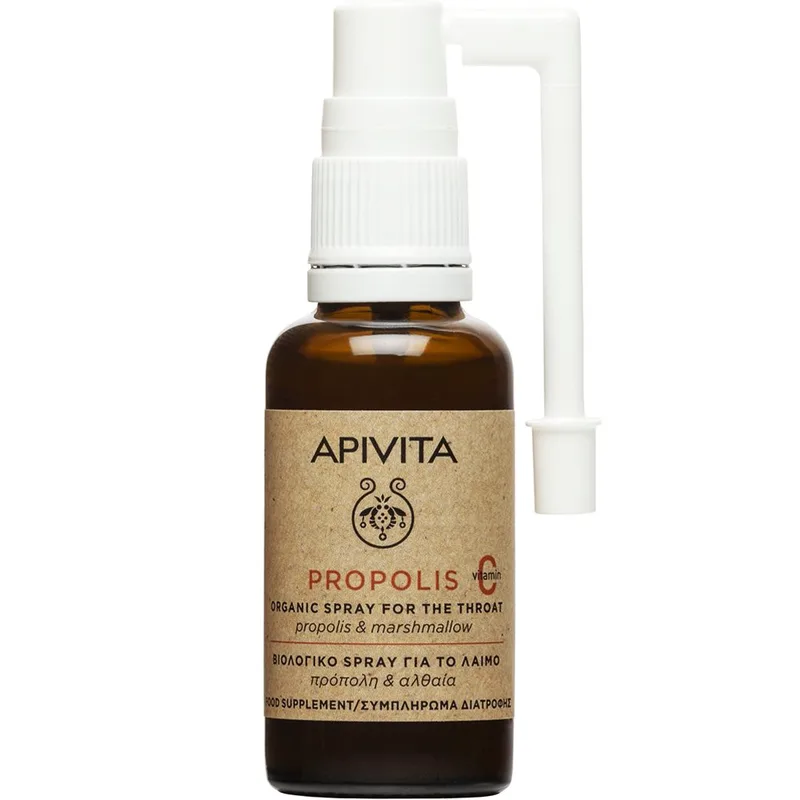 Apivita Propolis & Marshmallow Organic Throat Spary Συμπλήρωμα Διατροφής Εκχυλίσματος Πρόπολης, Ευκαλύπτου, Αλθαίας, με Μέλι & Βιταμίνη C σε Μορφή Spray για την Αντιμετώπιση του Πονόλαιμου, Βήχα & Ενίσχυση του Ανοσοποιητικού με Φυσική Γεύση 30ml