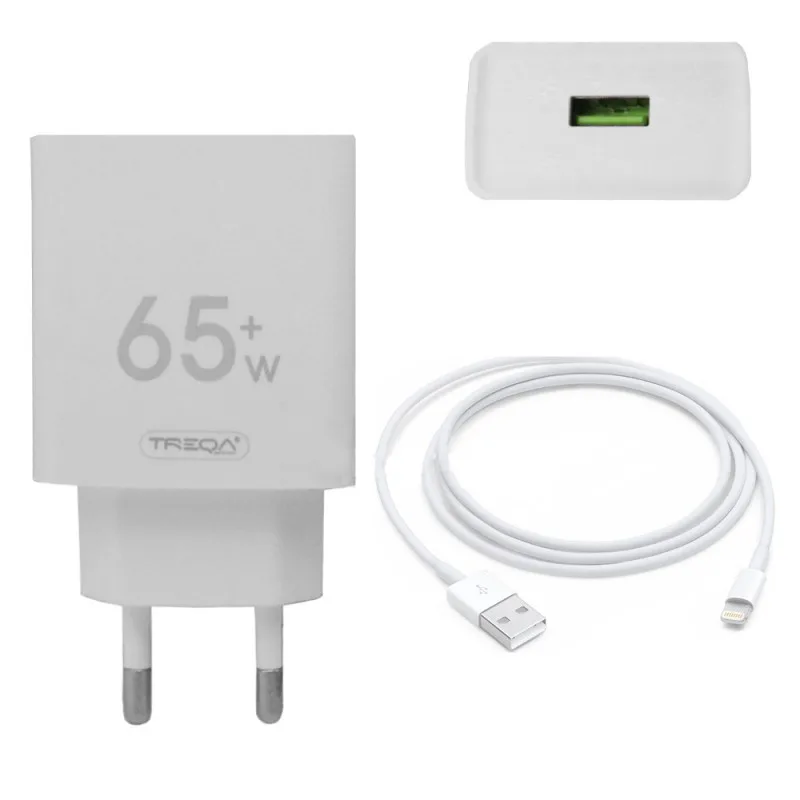 Φορτιστής Ταχείας Φόρτισης με 1 Θύρα USB 4.5A 65W και Καλώδιο Lightning 1m Treqa CS-228 Λευκό