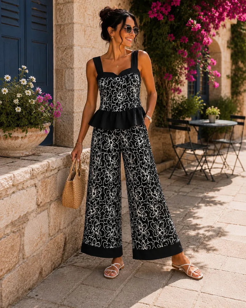 Floral Σετ Τοπ & Παντελόνα - Μαύρο | Dress Up Μαύρο