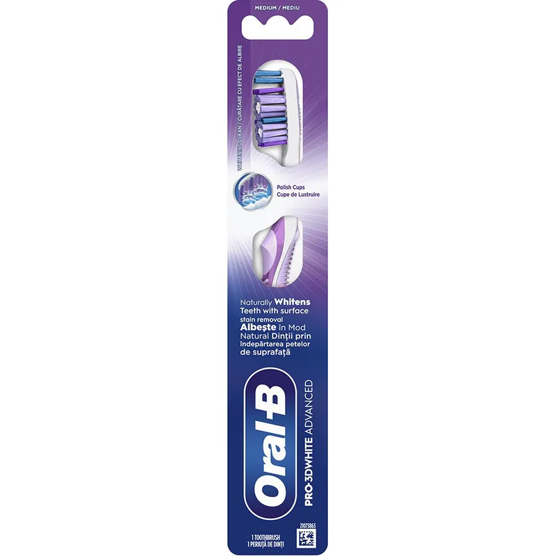 Oral-B Pro 3D White Advanced Medium Toothbrush Χειροκίνητη Οδοντόβουρτσα με Μεσαίας Σκληρότητας Ίνες για Φυσική Λεύκανση & Βαθύ Καθαρισμό 1 Τεμάχιο - Μωβ